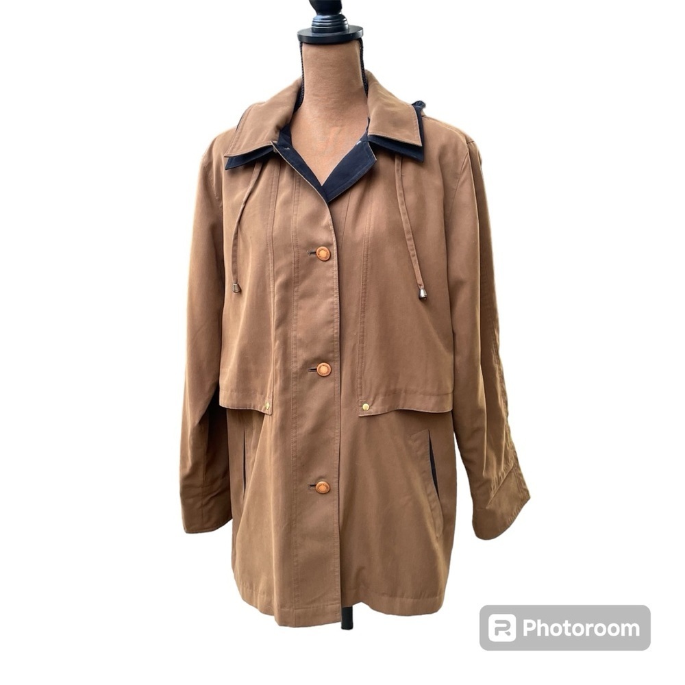 Casual Island Brown / Black Mid-Weight Rain Jacket Coat with Removable Hood Sz M